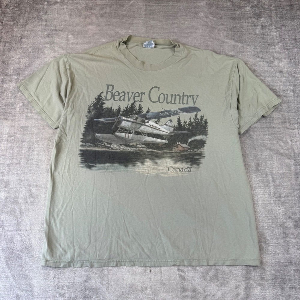 Vintage Nature Shirt Men 2XL Sage Green Beaver Country Outdoors Canada Plane Y2K